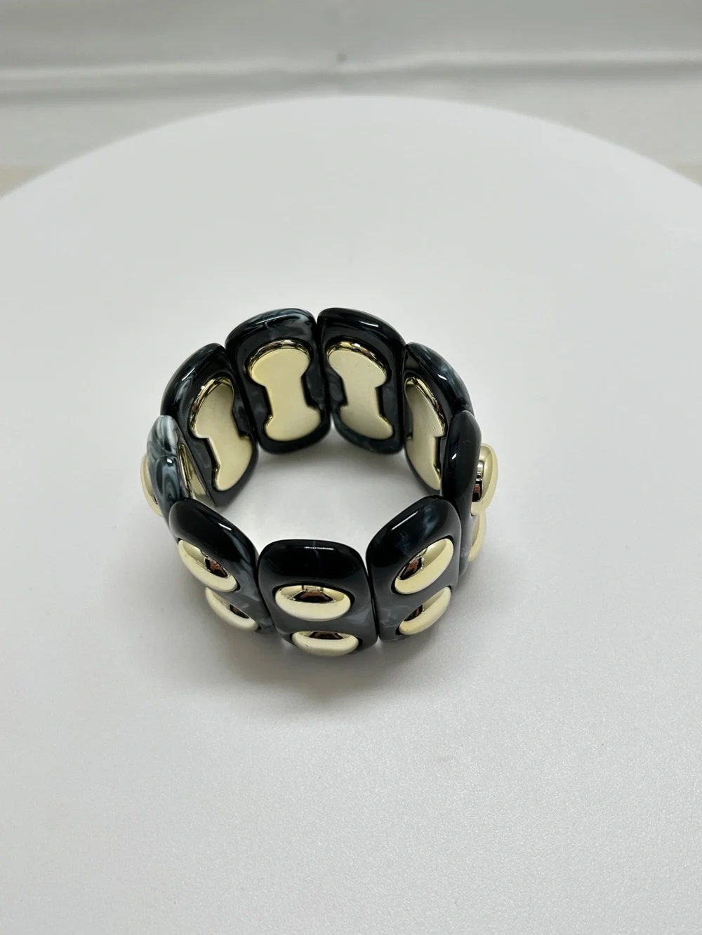 Black White And Gold Marbled Lucite Wide Bracelet, Stretch